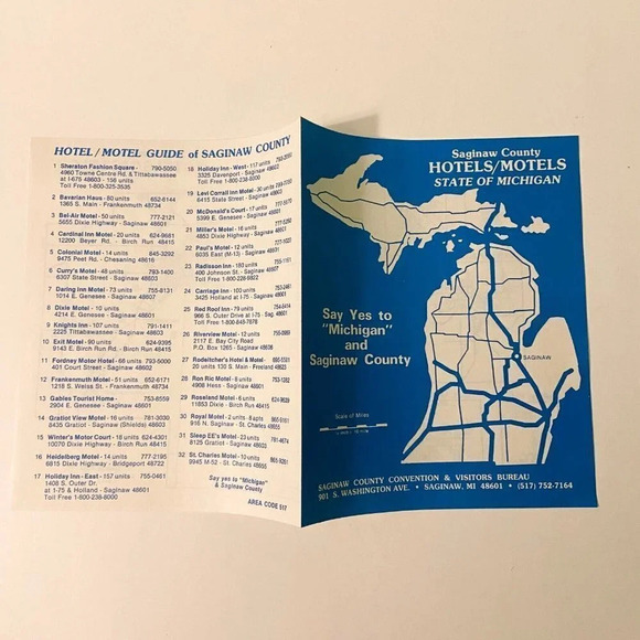 Vintage Saginaw County Hotels Motels State of Michigan Map Brochure Pamphlet - Picture 7 of 10